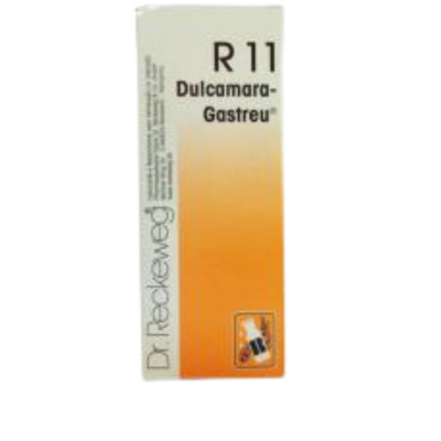 Embalagem retangular branca e laranja com texto R11 Dulcamara-Gastreu Dr. Reckeweg