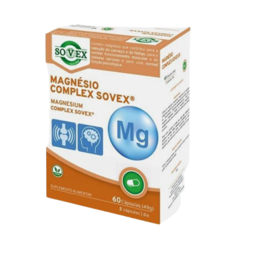 Embalagem de suplemento Magnésio Complex Sovex com texto e ícones azul e laranja