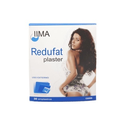 Embalagem de Redufat plaster com imagem de mulher e texto usado para produtos de uso externo