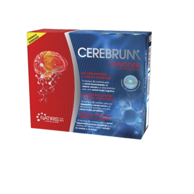 Embalagem azul e vermelha do suplemento alimentar CEREBRUN advance com texto e gráfico de cérebro.