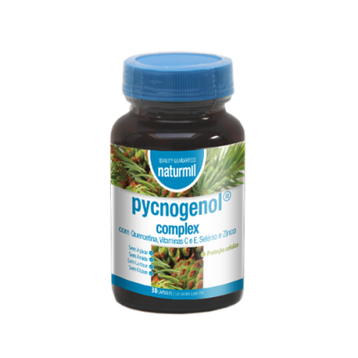 Frasco de suplemento Pycnogenol Complex Naturmil com tampa azul