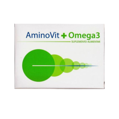 Embalagem branca com círculos verdes e texto AminoVit + Omega3 suplemento alimentar