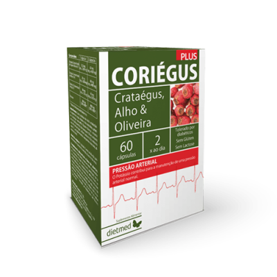 Embalação de suplemento CORIÉGUS PLUS com 60 cápsulas para pressão arterial, ingredientes Crataégus, Alho e Oliveira.