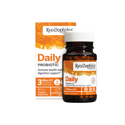 Suplemento probiótico Kyo-Dophilus Daily em caixa laranja e branco com frasco castanho