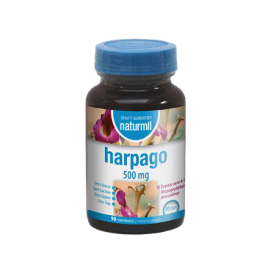 frasco de suplemento Harpago 500 mg da Naturmil com tampa azul e rótulo branco e azul