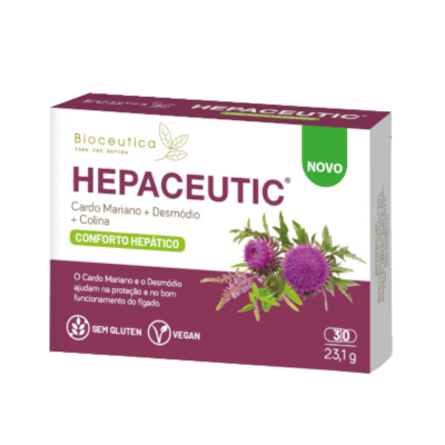 Embalagem de suplemento alimentar Hepaceutic para conforto hepático com Cardo Mariano e Desmódio