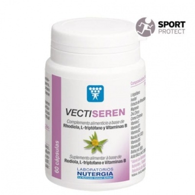 Frasco branco com suplemento alimentar Vectiseren, rótulo lilás e branco, 60 cápsulas
