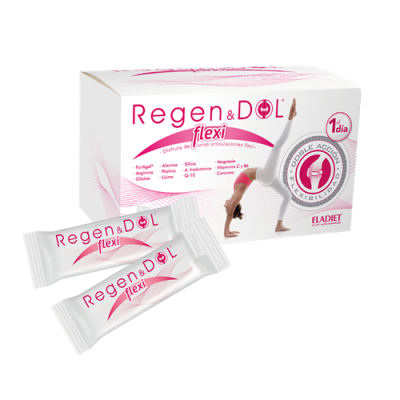 Suplemento alimentar Regen & Dol Flexi embalagem branca e rosa com imagem de mulher a fazer exercício