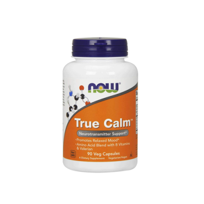 Frasco de suplementes True Calm da NOW com rótulo laranja e tampa roxa