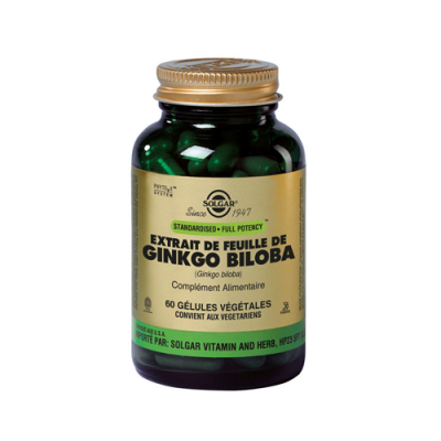 frasco de suplemento de Ginkgo Biloba com rótulo amarelo e tampa dourada