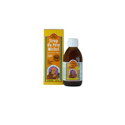 Frasco e caixa do Sirop du Père Michel com design amarelo e imagem de homem idoso.