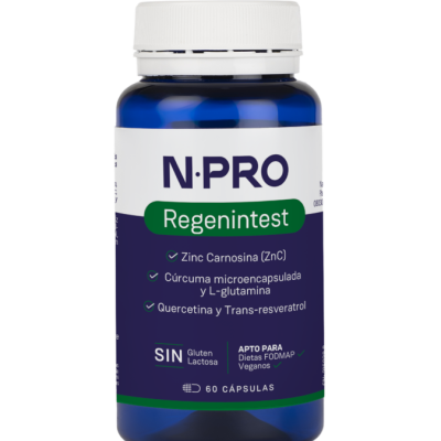 Frasco azul de cápsulas N·PRO Regenintest com tampa branca e texto no rótulo