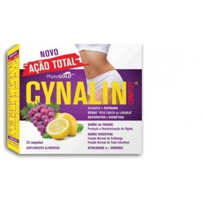 Embalagem de suplemento alimentar Cynalin Complex com imagens de frutas e uma cintura feminina.