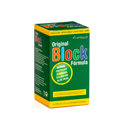 Embalagem de suplemento alimentar Original Block Fórmula verde e amarela com texto colorido