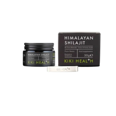 Frasco e embalagem do suplemento alimentar Himalayan Shilajit da KIKI HEALTH