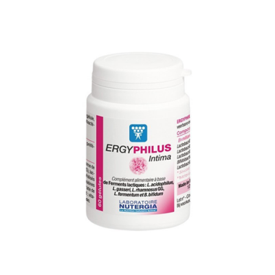 Frasco branco com tampa branca do suplemento alimentar ERGYPHILUS Intima da Laboratoire Nutergia