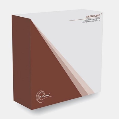 Embalagem branca e castanha do suplemento alimentar DRENOLINF.