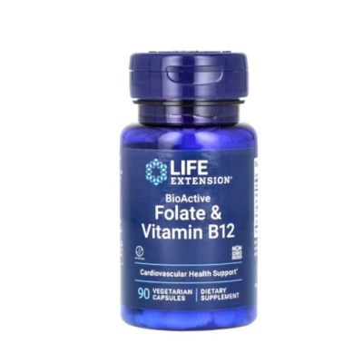 Frasco azul de suplemento BioActive Folate & Vitamin B12 LIFE EXTENSION