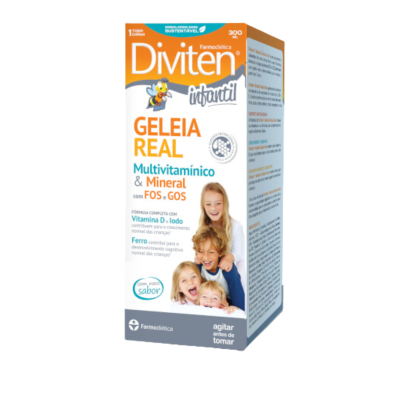 Embalagem de suplemento infantil Diviten Geleia Real com múltiplas vitaminas e minerais