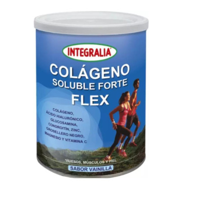 Lata azul de suplemento alimentar Integralia Colágeno Soluble Forte Flex com figuras a correr