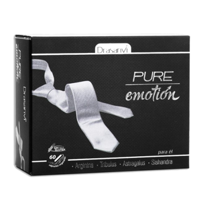 Embalagem preta de suplemento alimentar Drasanvi PURE emotion para ele com gravata branca