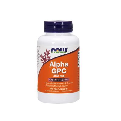 Frasco de cápsulas Alpha GPC 300 mg NOW com rótulo laranja e branco