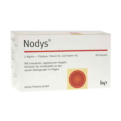 Caixa de cápsulas Nody®s com texto em alemão sobre ingredientes e características das cápsulas