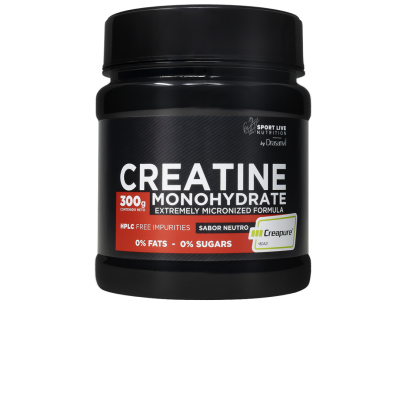 Frasco preto de creatina monohidratada com etiqueta preta e detalhes vermelhos e brancos