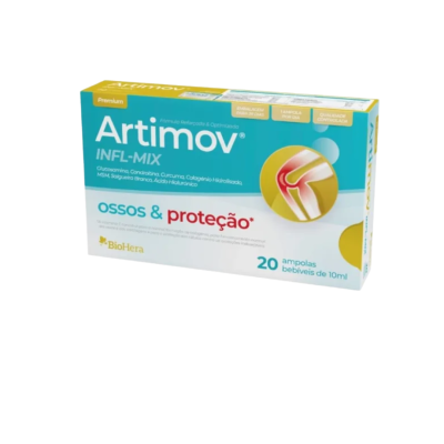 Embalagem azul e branca do suplemento Artimov INFL-MIX com texto e ilustração de articulação