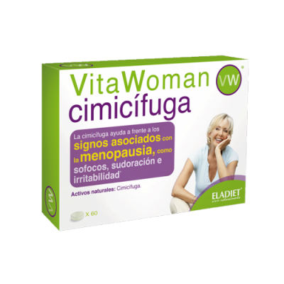 Embalagem do suplemento VitaWoman Cimicifuga com imagem de mulher sorridente