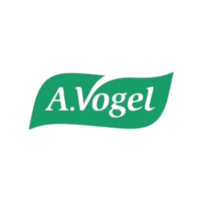 Logótipo A.Vogel branco em folha verde