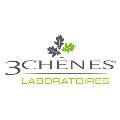 Logo 3CHÊNES LABORATOIRES com folhas de carvalho cinzentas e verde