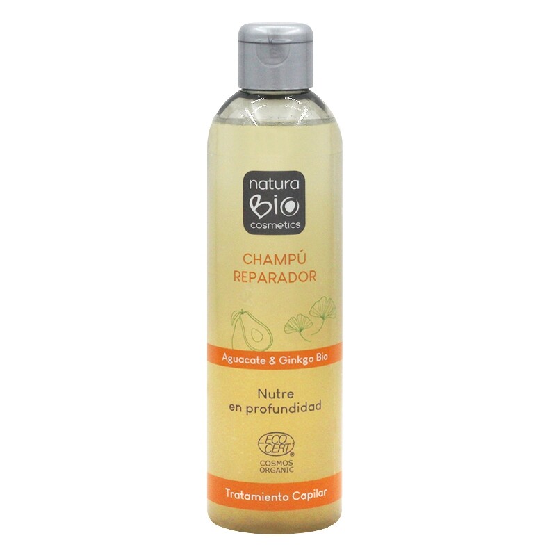 CHAMPÔ TRATAMENTO REPARADOR ABACATE & GINKGO BIO 250ML - NATURABIO Frasco de champô Natura Bio com rótulo amarelo e tampa prateada.