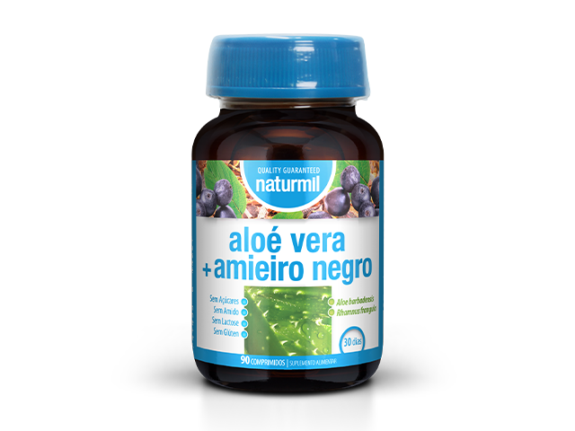 ALOÉ VERA + AMIEIRO NEGRO 90 comprimidos- NATURMIL frasco de comprimidos aloé vera e amieiro negro Naturmil com tampa azul