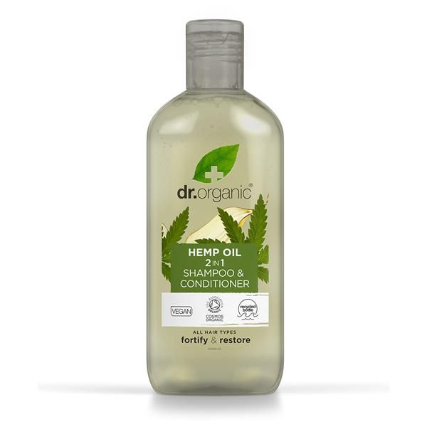 CHAMPÔ E AMACIADOR 2 EM 1 ÓLEO DE CÂNHAMO BIO - DR. ORGANIC Frasco transparente com shampoo e condicionador 2 em 1 dr.organic Hemp Oil