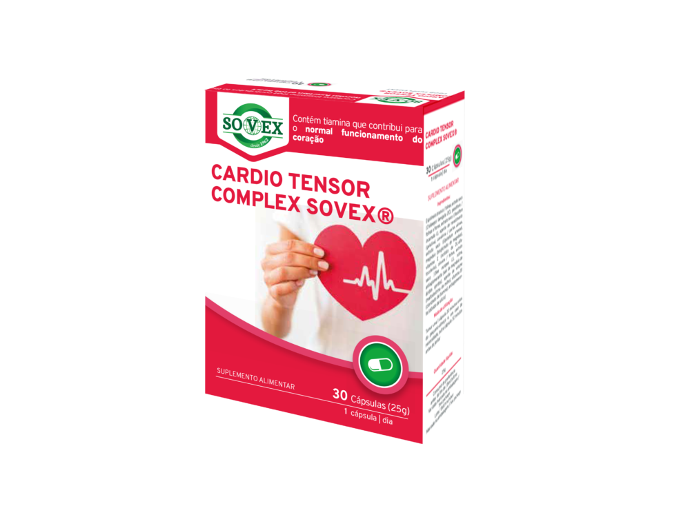 CARDIO TENSOR COMPLEX- 30–CÁPSULAS–SOVEX Embalagem vermelha e branca do suplemento Cardio Tensor Complex Sovex com imagem de coração vermelho e eletrocardiograma