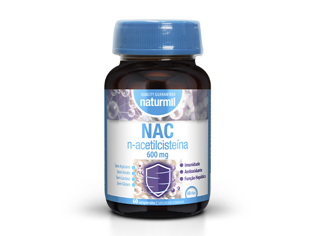NAC N-ACETILCISTEINA 600MG - NATURMIL frasco de suplemento alimentarar NAC n-acetilcisteína 600 mg Naturmil com tampa azul