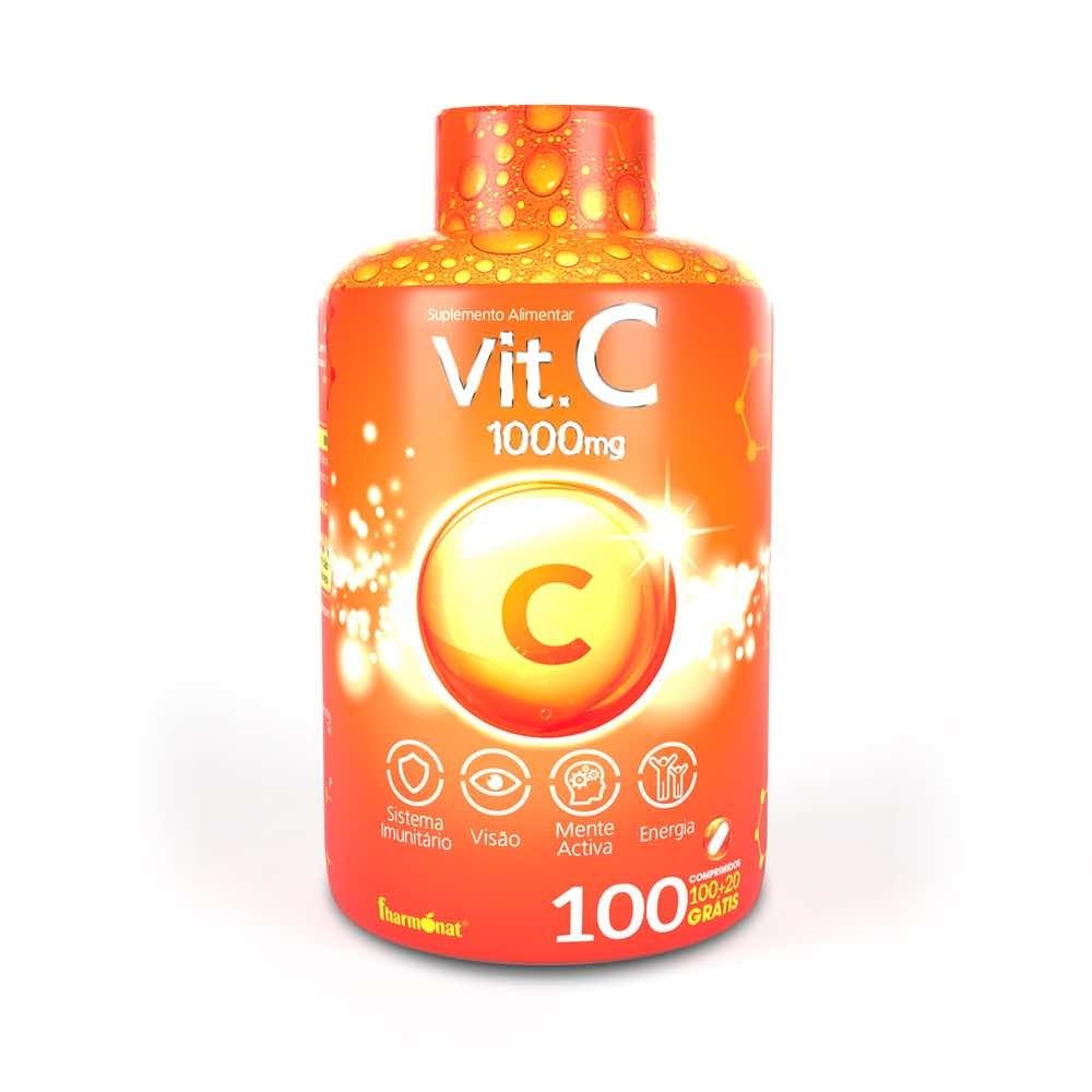 VIT. C 1000MG – 120 COMPRIMIDOS – FHARMONAT Frasco laranja de suplemento Vit. C 1000mg com 120 comprimidos
