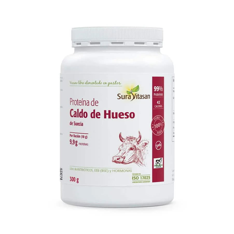 PROTEÍNA CALDO DE OSSO – 300 G – SURA VITASAN Recipiente branco com suplemento de proteína de caldo de osso da Suécia da marca Sura Vitasan.