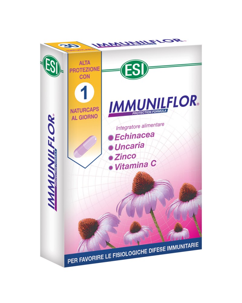 IMMUNILFLOR 30 CÁPSULAS - ESI Caixa de suplemento alimentar Immunilflor com flores roxas e texto em italiano