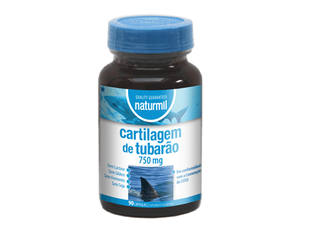 CARTLAGEM DE TUBARÃO 750mg 90 cápsulas - NATURMIL Frasco de suplemento Naturmil cartilagem de tubarão 750 mg com tampa azul e rótulo azul e branco