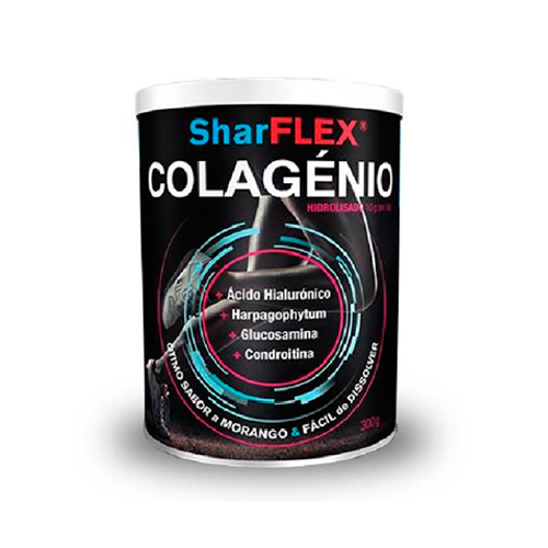 SHARFLEX COLAGÉNIO 300g- PHYTOGO Embalagem preta de suplemento nutricional SharFLEX Colagénio sabor Morango