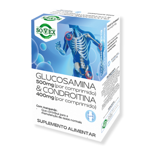 GLUCOSAMINA 500mg & CONDROITINA 400 - 40 COMP - SOVEX Embalagem de suplemento alimentar Glucosamina e Condroitina da SOVEX