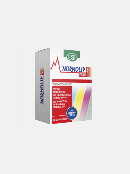 NORMOLIP 5 STRONG (FORTE) – 36 COMPRIMIDOS – ESI Embalagem de suplemento alimentar NORMOLIP 5 FORTE ESI com texto informativo em várias cores