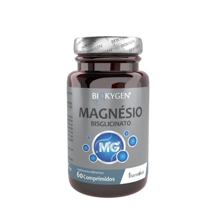 BIOKYGEN MAGNÉSIO BISGLICINATO – 60 COMPRIMIDOS– FHARMONAT Frasco de suplemento alimentar de magnésio bisglicinato BIOKYGEN