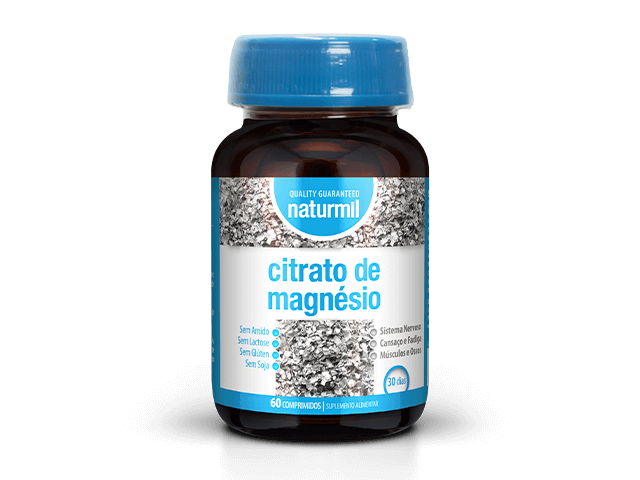 CITRATO DE MAGNESIO 60 COMPRIMIDOS - NATURMIL frasco de citrato de magnésio naturrmil com tampa azul