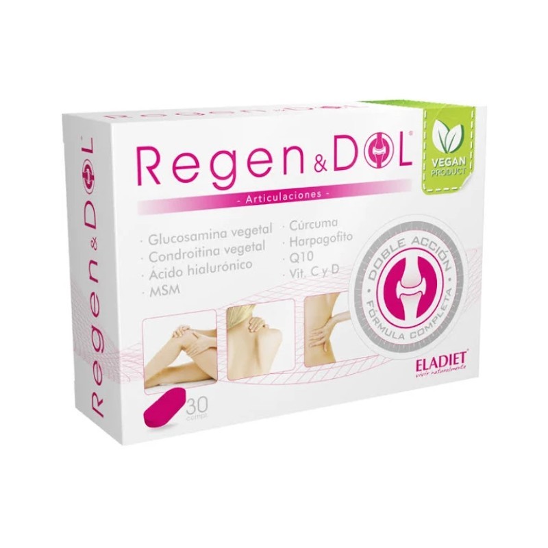 REGEN & DOL VEGAN – 30 COMPRIMIDOS – ELADIET Embalagem de suplemento alimentar Regen & Dol para articulações com selo VEGAN e lista de ingredientes