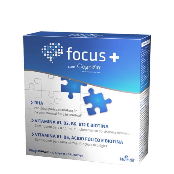 FOCUS + 30 FUSIONPACK – NUTRIDIL Embalagem azul e branca de suplemento Focus+ com ingredientes e benefícios para cérebro e sistema nervoso