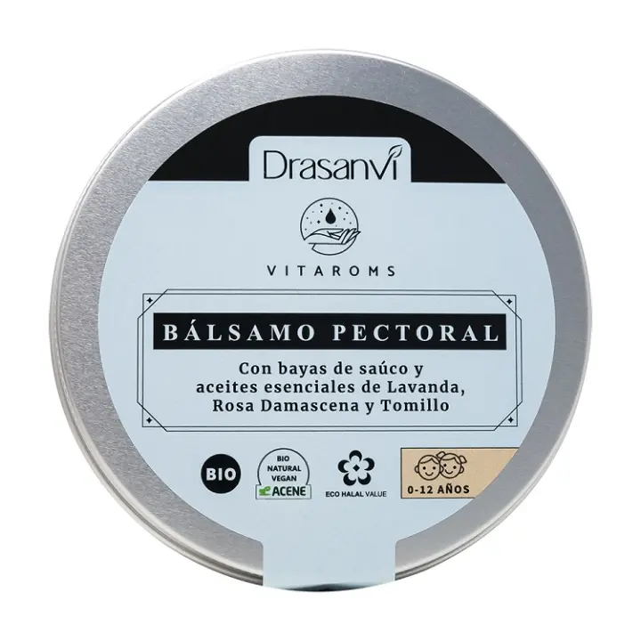 BÁLSAMO PEITORAL INFANTIL BIOLÓGICO - VITAROMS - 75 ML Frasco metálico redondo com rótulo azul claro e preto de Bálsamo Pectoral Drasanvi