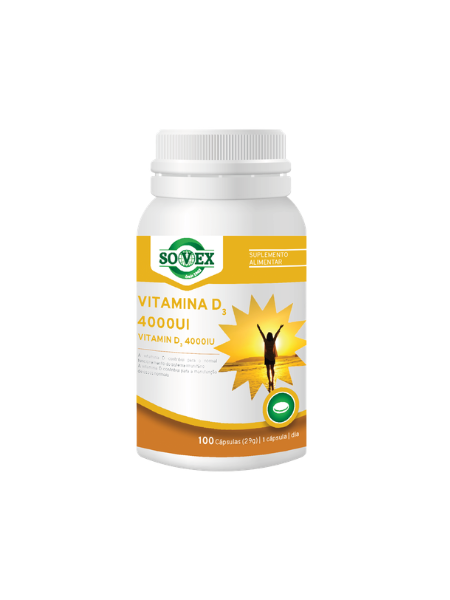 VITAMINA D3 4000UI 100 CAPSULAS - SOVEX Frasco de suplemento alimentar Sovex Vitamina D3 4000UI